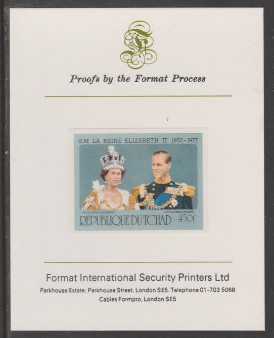 Chad 1977 Silver Jubilee 450f (ex m/sheet Philip (English spelling) imperf proof mounted on Format International proof card, as SG MS494, Mi BL 69B, stamps on , stamps on  stamps on royalty, stamps on  stamps on  silver jubilee