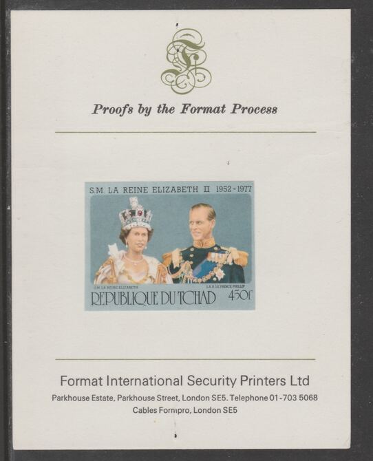 Chad 1977 Silver Jubilee 450f (ex m/sheet Philippe French spelling) imperf proof mounted on Format International proof card, as SG MS494, Mi BL 69B Note signs of usage and two staple holes, stamps on royalty, stamps on  silver jubilee