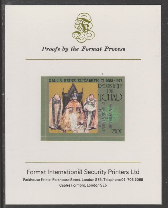 Chad 1978 25th Anniv of Coronation opt'd in silver on Silver Jubilee 250f imperf proof mounted on Format International proof card, as SG 527, stamps on , stamps on  stamps on royalty, stamps on  stamps on  silver jubilee, stamps on  stamps on coronation