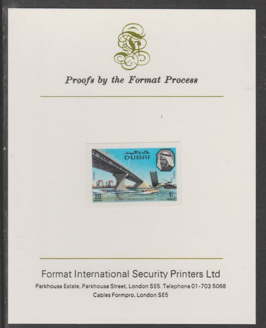Dubai 1970 Al Maktum Bridge 20d imperf proof mounted on Format International proof card, as SG 364, stamps on bridges