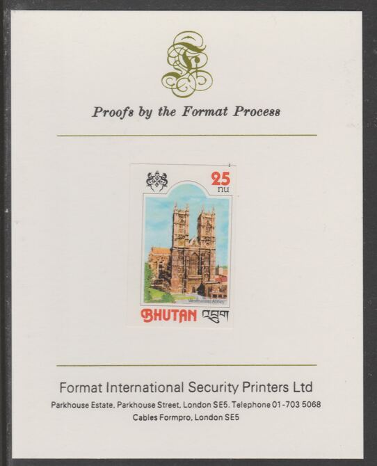 Bhutan 1978 Anniversaries - 25th Anniv of Coronation 25d (ex m/sheet) imperf proof mounted on Format International proof card, as SG MS384, stamps on , stamps on  stamps on royalty, stamps on  stamps on coronation