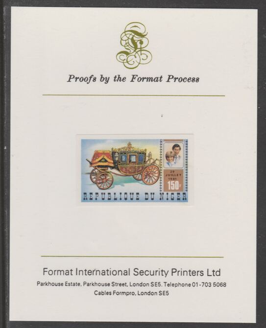 Niger Republic 1981 Royal Wedding 150f imperf proof mounted on Format International proof card, as SG 860, stamps on , stamps on  stamps on royalty, stamps on  stamps on royal wedding