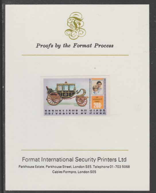 Niger Republic 1981 Royal Wedding 200f imperf proof mounted on Format International proof card, as SG 861, stamps on , stamps on  stamps on royalty, stamps on  stamps on royal wedding