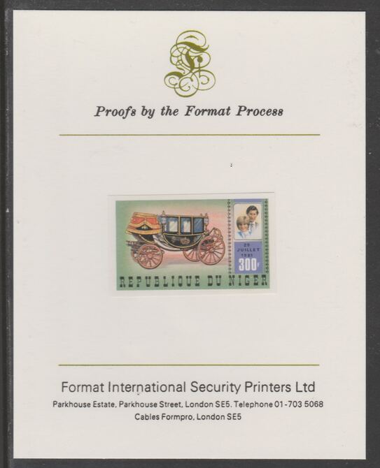 Niger Republic 1981 Royal Wedding 300f imperf proof mounted on Format International proof card, as SG 862, stamps on , stamps on  stamps on royalty, stamps on  stamps on royal wedding