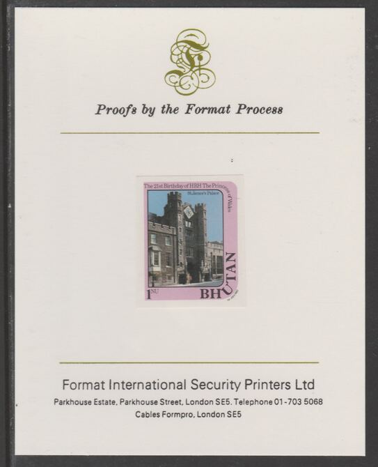 Bhutan 1982 Princess Diana's 21st Birthday 1n imperf proof mounted on Format International proof card, as SG 455, stamps on , stamps on  stamps on royalty, stamps on  stamps on diana