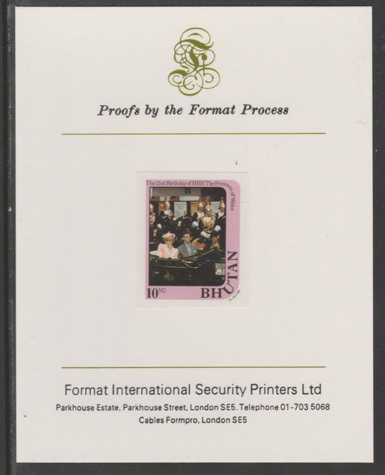 Bhutan 1982 Princess Diana's 21st Birthday 10n imperf proof mounted on Format International proof card, as SG 456, stamps on , stamps on  stamps on royalty, stamps on  stamps on diana