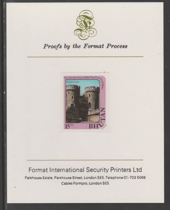 Bhutan 1982 Princess Diana's 21st Birthday 15n imperf proof mounted on Format International proof card, as SG 457, stamps on , stamps on  stamps on royalty, stamps on  stamps on diana, stamps on  stamps on castles