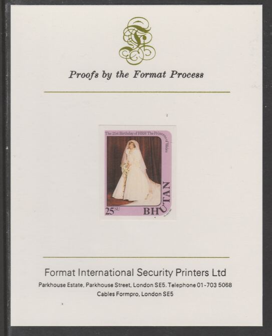 Bhutan 1982 Princess Diana's 21st Birthday 25n imperf proof mounted on Format International proof card, as SG 458, stamps on , stamps on  stamps on royalty, stamps on  stamps on diana, stamps on  stamps on 