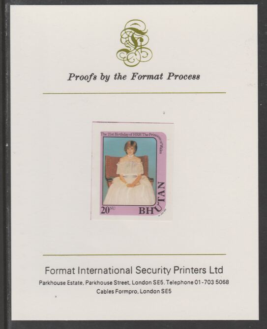 Bhutan 1982 Princess Diana's 21st Birthday 20n,(ex m/sheet) imperf proof mounted on Format International proof card, as SG MS459, stamps on , stamps on  stamps on royalty, stamps on  stamps on diana, stamps on  stamps on 