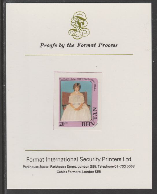 Bhutan 1982 Princess Diana's 21st Birthday 20n  (ex m/sheet) imperf proof mounted on Format International proof card, as SG MS459, stamps on , stamps on  stamps on royalty, stamps on  stamps on diana, stamps on  stamps on 