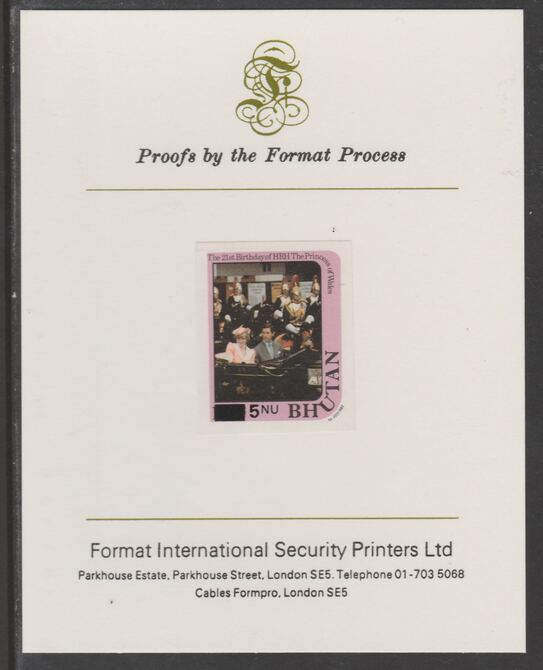 Bhutan 1984 Surcharged on Princess Diana's 21st Birthday 5n on 10n imperf proof mounted on Format International proof card, as SG 579, stamps on royalty, stamps on diana