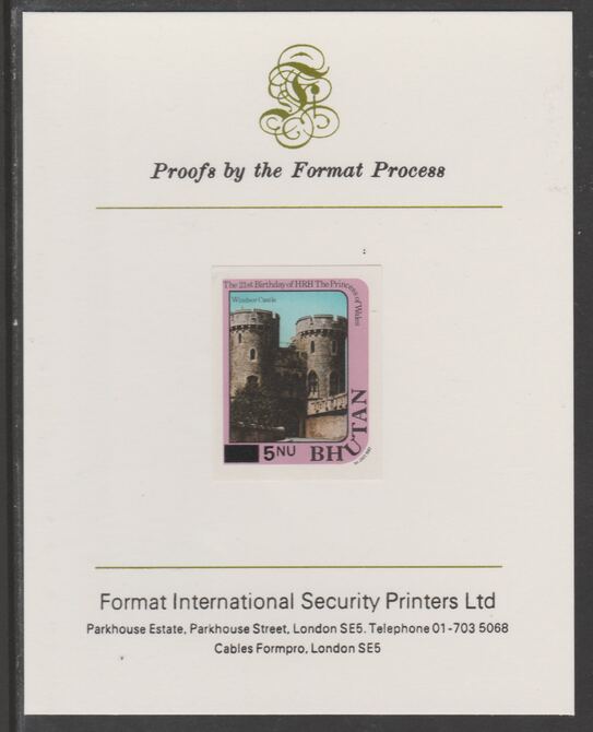 Bhutan 1984 Surcharged on Princess Diana's 21st Birthday 5n on 15n imperf proof mounted on Format International proof card, as SG 580, stamps on royalty, stamps on diana, stamps on castles