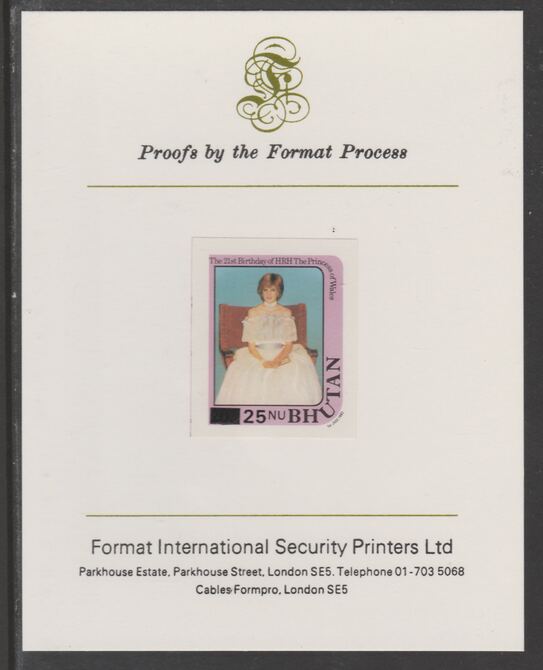 Bhutan 1984 Surcharged on Princess Diana's 21st Birthday 25n on 20n  (ex m/sheet) imperf proof mounted on Format International proof card, as SG MS582, stamps on , stamps on  stamps on royalty, stamps on  stamps on diana, stamps on  stamps on 