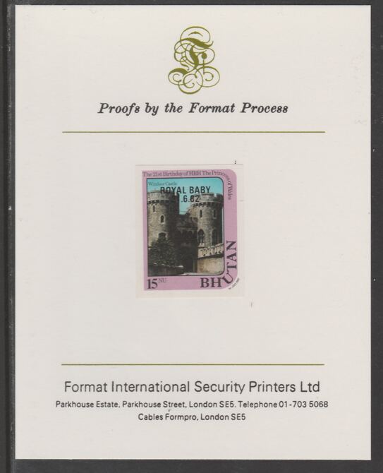 Bhutan 1982 Royal Baby overprint on Princess Diana's 21st Birthday 15n imperf proof mounted on Format International proof card, as SG 477, stamps on , stamps on  stamps on royalty, stamps on  stamps on diana, stamps on  stamps on castles, stamps on  stamps on william
