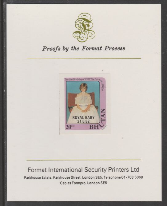 Bhutan 1982 Royal Baby overprint on Princess Diana's 21st Birthday 20n,(ex m/sheet) imperf proof mounted on Format International proof card, as SG MS479, stamps on , stamps on  stamps on royalty, stamps on  stamps on diana, stamps on  stamps on william