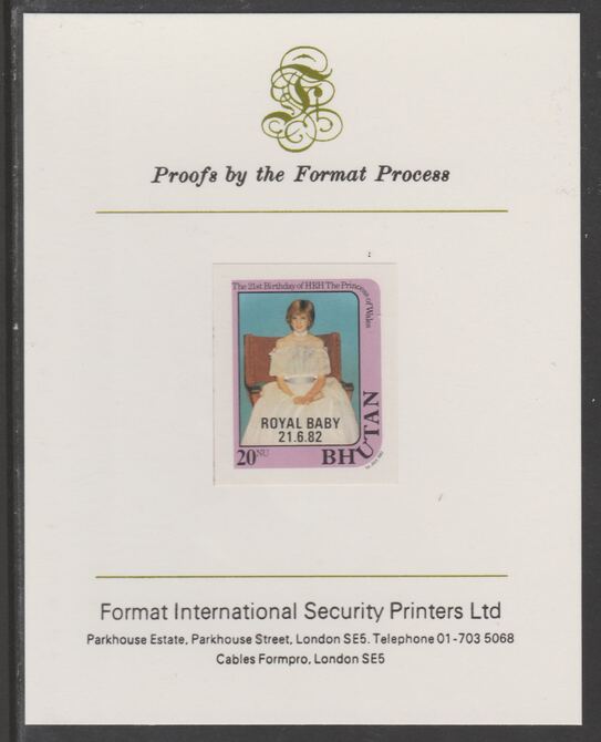 Bhutan 1982 Royal Baby overprint on Princess Diana's 21st Birthday 20n  (ex m/sheet) imperf proof mounted on Format International proof card, as SG MS479, stamps on , stamps on  stamps on royalty, stamps on  stamps on diana, stamps on  stamps on william