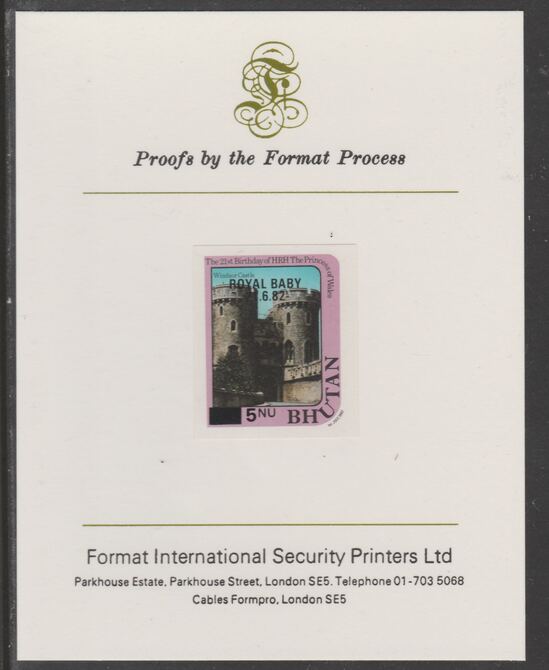 Bhutan 1984 Surcharged on Royal Baby on 21st Birthday 5n on 15n imperf proof mounted on Format International proof card, as SG 585, stamps on , stamps on  stamps on royalty, stamps on  stamps on diana, stamps on  stamps on william, stamps on  stamps on castles