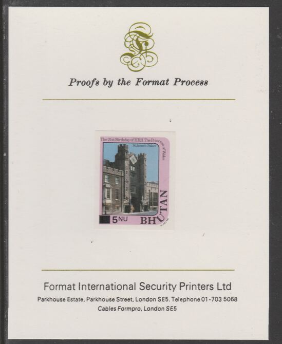 Bhutan 1984 Surcharged on Princess Diana's 21st Birthday 5n on 1n imperf proof mounted on Format International proof card, as SG 578, stamps on , stamps on  stamps on royalty, stamps on  stamps on diana