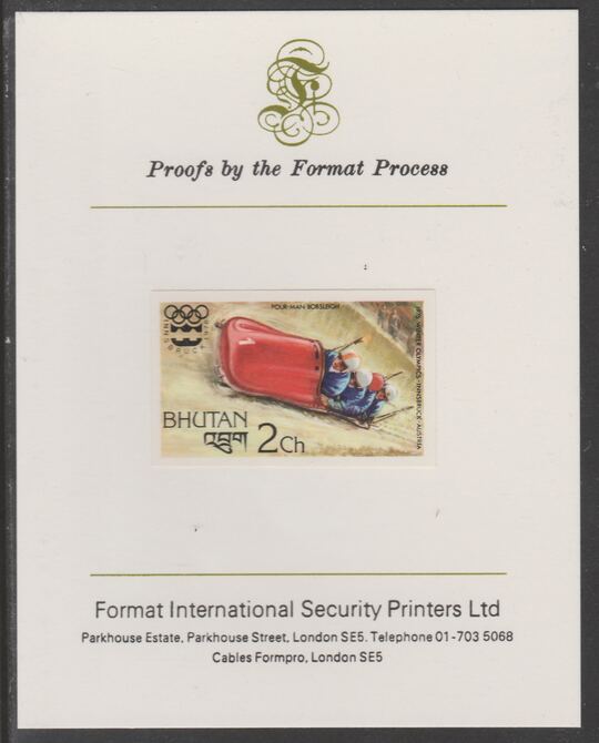 Bhutan 1976 Innsbruck Winter Olympics 2ch (Bobsleighing) imperf proof mounted on Format International proof card, as SG 338, stamps on bobsled, stamps on olympics