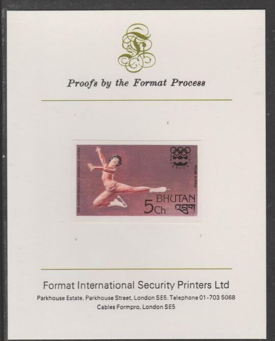 Bhutan 1976 Innsbruck Winter Olympics 5ch (Figure Skating) imperf proof mounted on Format International proof card, as SG 341, stamps on skating, stamps on olympics