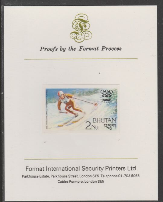 Bhutan 1976 Innsbruck Winter Olympics 2n (Downhill Skiing) imperf proof mounted on Format International proof card, as SG 342, stamps on skiing, stamps on olympics