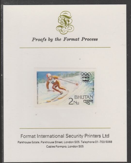 Bhutan 1976 Innsbruck Winter Olympics 2n (Downhill Skiing) imperf proof mounted on Format International proof card, as SG 342, stamps on skiing    olympics