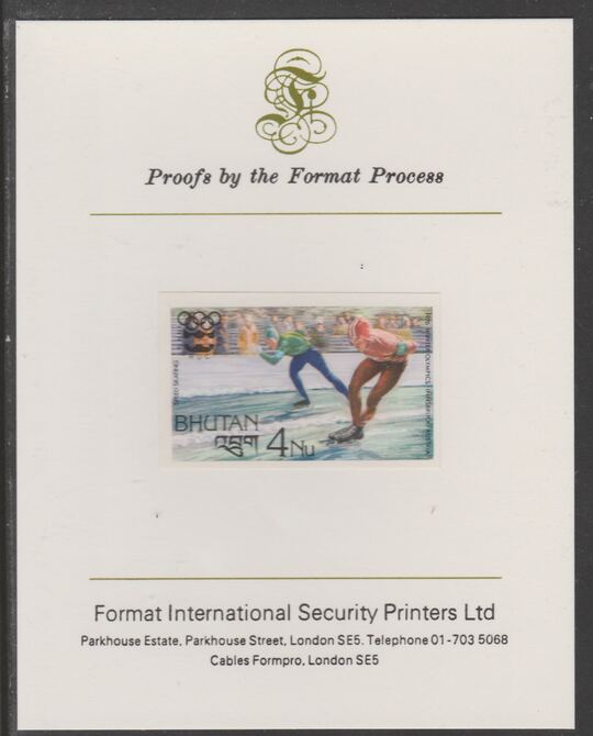 Bhutan 1976 Innsbruck Winter Olympics 4n (Speed Skating) imperf proof mounted on Format International proof card, as SG 343, stamps on skating, stamps on olympics