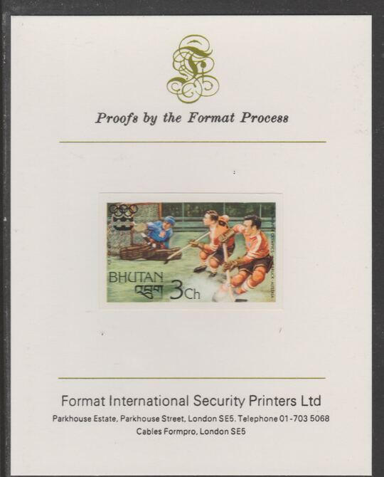 Bhutan 1976 Innsbruck Winter Olympics 3ch (Ice Hockey) imperf proof mounted on Format International proof card (as SG 339), stamps on ice hockey, stamps on olympics