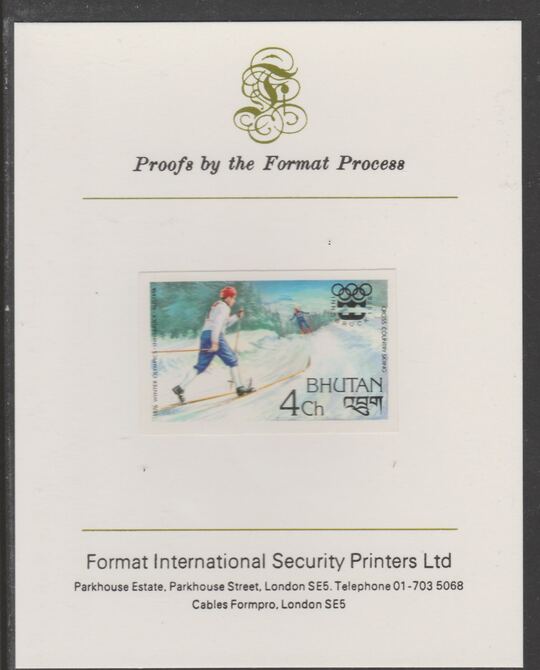 Bhutan 1976 Innsbruck Winter Olympics 4ch (Cross-Country Skiing) imperf proof mounted on Format International proof card, as SG 340, stamps on skiing, stamps on olympics
