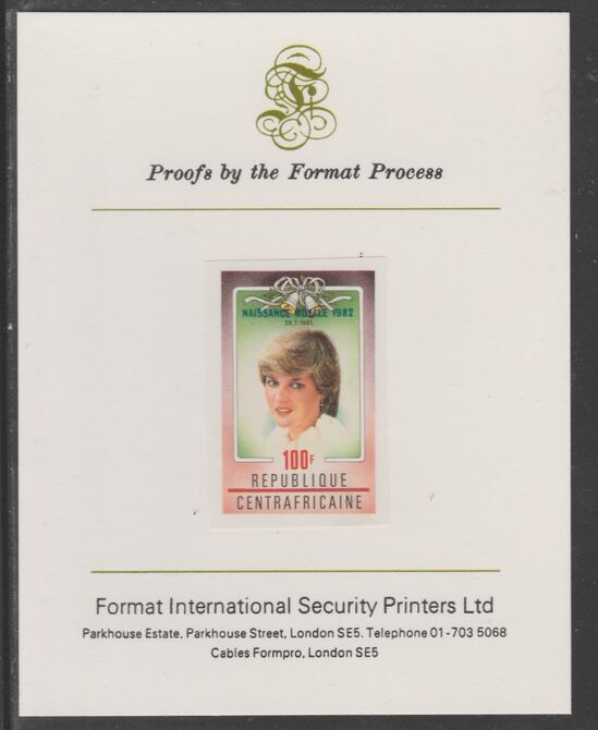 Central African Republic 1982 Birth of Prince William opt on Royal Wedding 100f imperf proof mounted on Format International proof card, as SG 865, stamps on , stamps on  stamps on royalty, stamps on  stamps on diana, stamps on  stamps on william