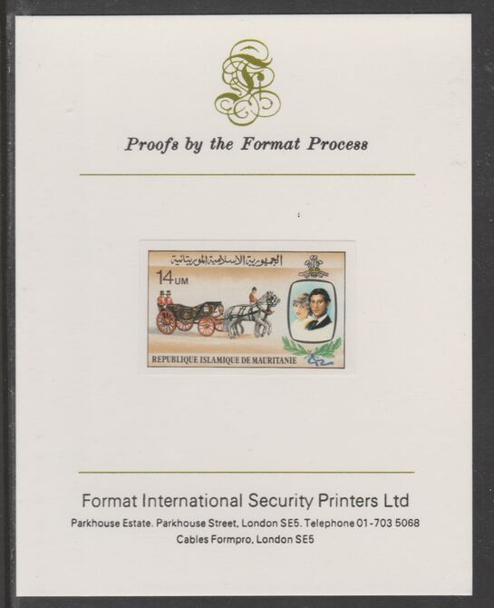 Mauritania 1981 Royal Wedding 14um imperf proof mounted on Format International proof card, as SG 701, stamps on , stamps on  stamps on royalty, stamps on  stamps on diana, stamps on  stamps on 