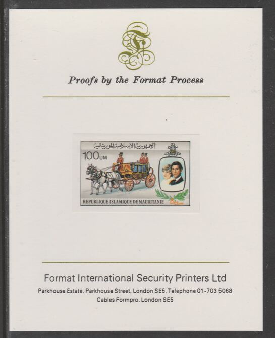 Mauritania 1981 Royal Wedding 100um (ex m/sheet) imperf proof mounted on Format International proof card, as SG MS704, stamps on royalty, stamps on diana, stamps on 