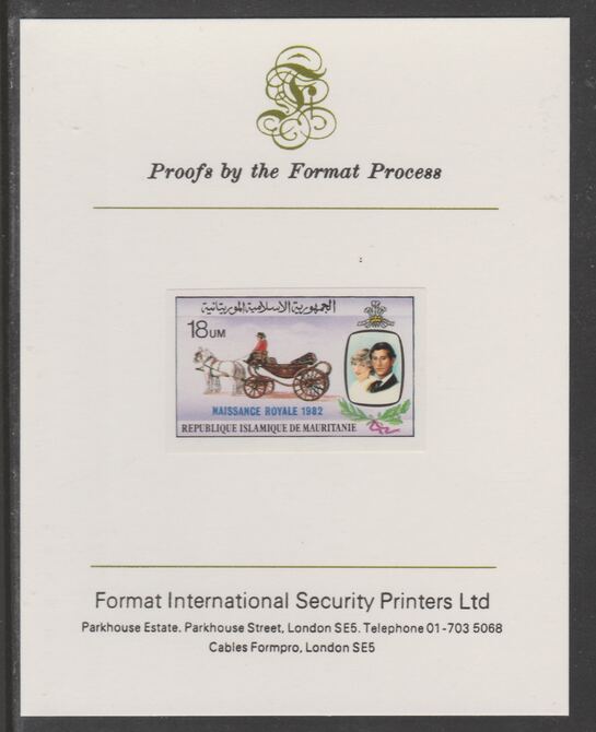 Mauritania 1982 Birth of Prince William opt on Royal Wedding 18um imperf proof mounted on Format International proof card, as SG 740, stamps on , stamps on  stamps on royalty, stamps on  stamps on diana, stamps on  stamps on william