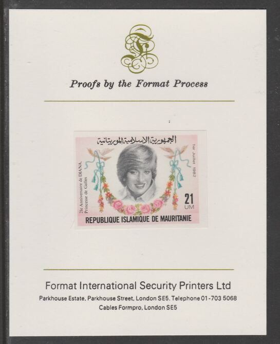 Mauritania 1982 Princess Diana's 21st Birthday 21um imperf proof mounted on Format International proof card, as SG 733, stamps on , stamps on  stamps on royalty, stamps on  stamps on diana, stamps on  stamps on 