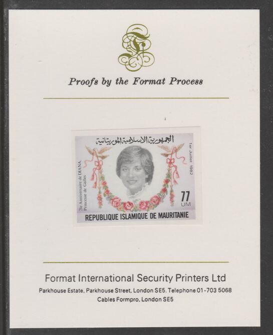 Mauritania 1982 Princess Diana's 21st Birthday 77um imperf proof mounted on Format International proof card, as SG 734, stamps on , stamps on  stamps on royalty, stamps on  stamps on diana, stamps on  stamps on 