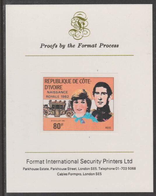 Ivory Coast 1982 Birth of Prince William opt on Royal Wedding 80f imperf proof mounted on Format International proof card, as SG 730, stamps on , stamps on  stamps on royalty, stamps on  stamps on diana, stamps on  stamps on william