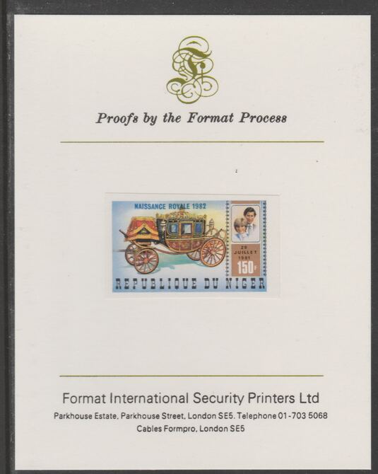 Niger Republic 1982 Birth of Prince William opt on Royal Wedding 150f imperf proof mounted on Format International proof card, as SG 905, stamps on , stamps on  stamps on royalty, stamps on  stamps on diana, stamps on  stamps on william