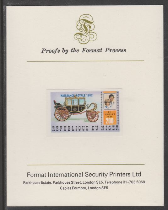 Niger Republic 1982 Birth of Prince William opt on Royal Wedding 200f imperf proof mounted on Format International proof card, as SG 906, stamps on , stamps on  stamps on royalty, stamps on  stamps on diana, stamps on  stamps on william