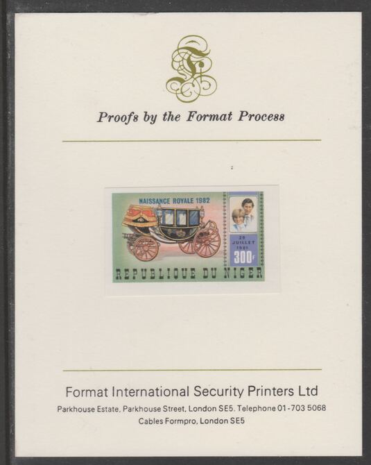 Niger Republic 1982 Birth of Prince William opt on Royal Wedding 300f imperf proof mounted on Format International proof card, as SG 907, stamps on , stamps on  stamps on royalty, stamps on  stamps on diana, stamps on  stamps on william