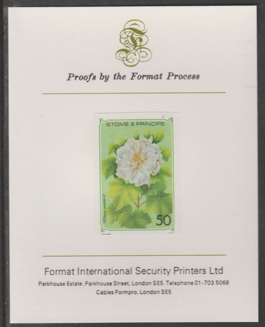 St Thomas & Prince Islands 1979 Flowers 50E imperf proof (ex m/sheet) mounted on Format International proof card, stamps on , stamps on  stamps on flowers