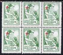 Turkey 1945 Postal Tax Child Welfare 5k Nurse & Baby block of 6 with fine shift of red, unmounted mint, stamps on , stamps on  stamps on red cross, stamps on  stamps on medical, stamps on  stamps on children, stamps on  stamps on nurses