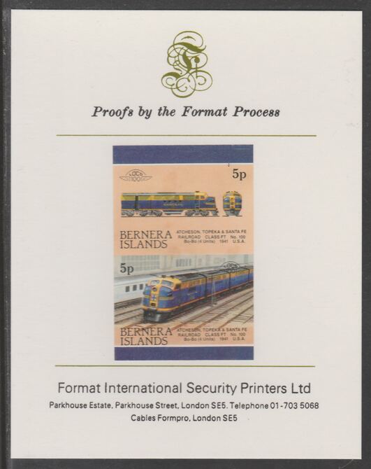 Bernera 1983 Locomotives #2 (Atcheson, Topeka & Santa Fe) 5p se-tenant imperf proof pair mounted on Format International proof card, stamps on , stamps on  stamps on railways