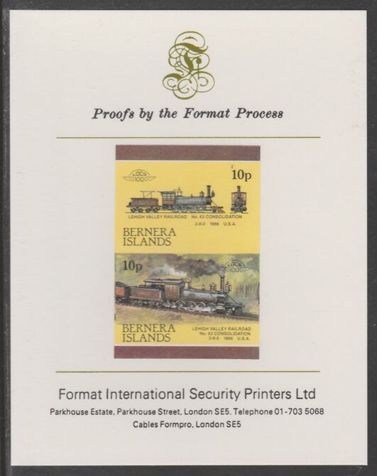 Bernera 1983 Locomotives #2 (Lehigh Valley Railroad) 10p se-tenant imperf proof pair mounted on Format International proof card, stamps on , stamps on  stamps on railways