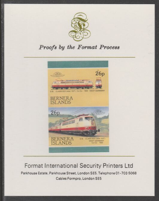 Bernera 1983 Locomotives #2 (DB Class EO3) 26p se-tenant imperf proof pair mounted on Format International proof card, stamps on railways