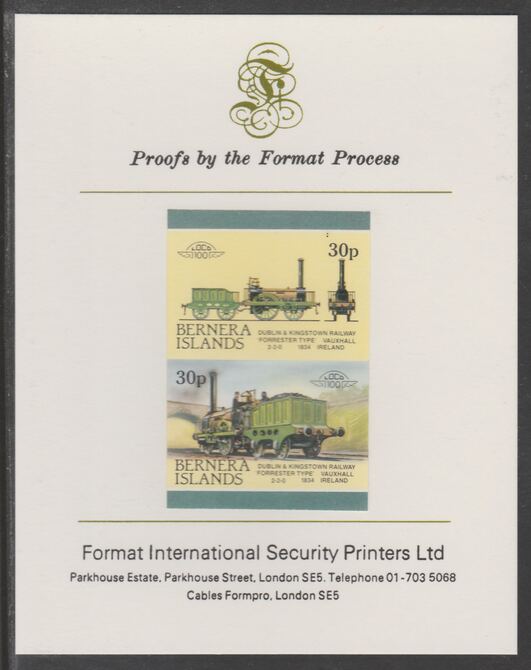 Bernera 1983 Locomotives #2 (Dublin & Kingstown Railway) 30p se-tenant imperf proof pair mounted on Format International proof card, stamps on , stamps on  stamps on railways