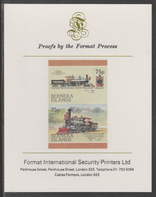 Bernera 1983 Locomotives #2 (Chicago, Rock Island & Pacific Railroad) 75p se-tenant,imperf proof pair mounted on Format International proof card, stamps on railways