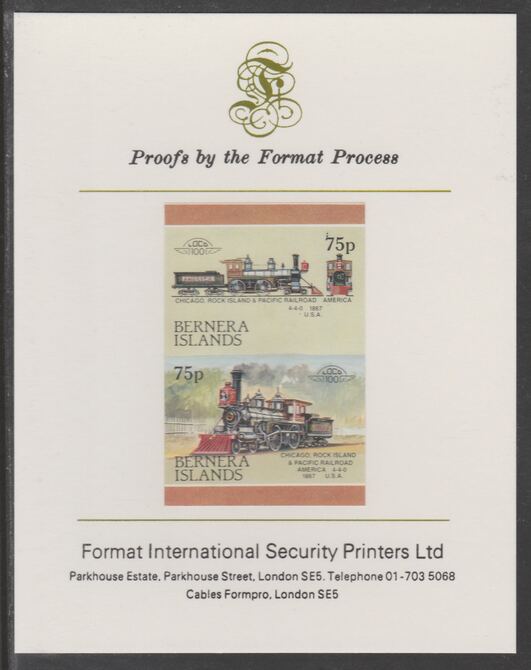 Bernera 1983 Locomotives #2 (Chicago, Rock Island & Pacific Railroad) 75p se-tenant  imperf proof pair mounted on Format International proof card, stamps on , stamps on  stamps on railways