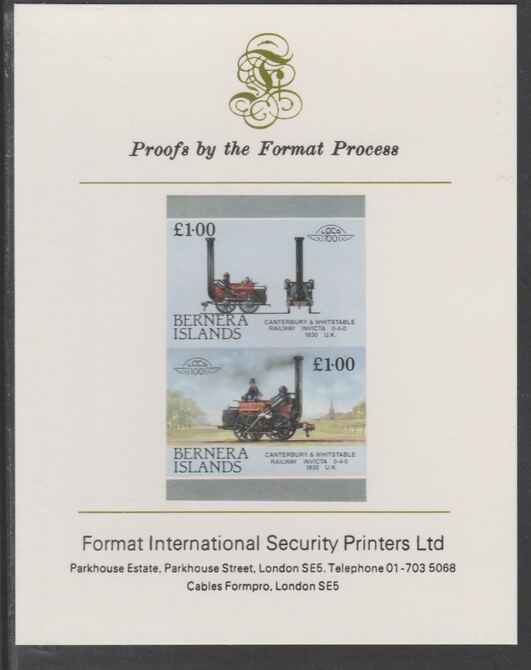 Bernera 1983 Locomotives #2 (Canterbury & Whitstable Rly) Â£1 se-tenant  imperf proof pair mounted on Format International proof card, stamps on , stamps on  stamps on railways