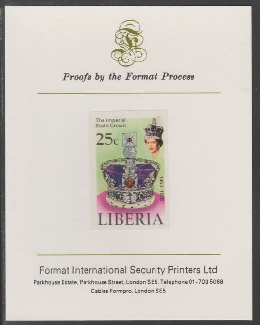 Liberia 1978 Coronation 25th Anniversary 25c Imperial State Crown imperf proof mounted on Format International proof card, as SG 1349, stamps on , stamps on  stamps on royalty, stamps on  stamps on coronation