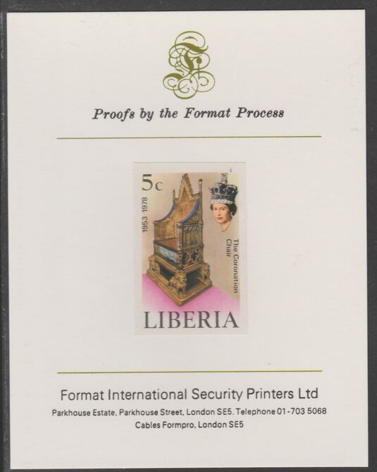 Liberia 1978 Coronation 25th Anniversary 5c Coronation Chair imperf proof mounted on Format International proof card, as SG 1348, stamps on , stamps on  stamps on royalty, stamps on  stamps on coronation